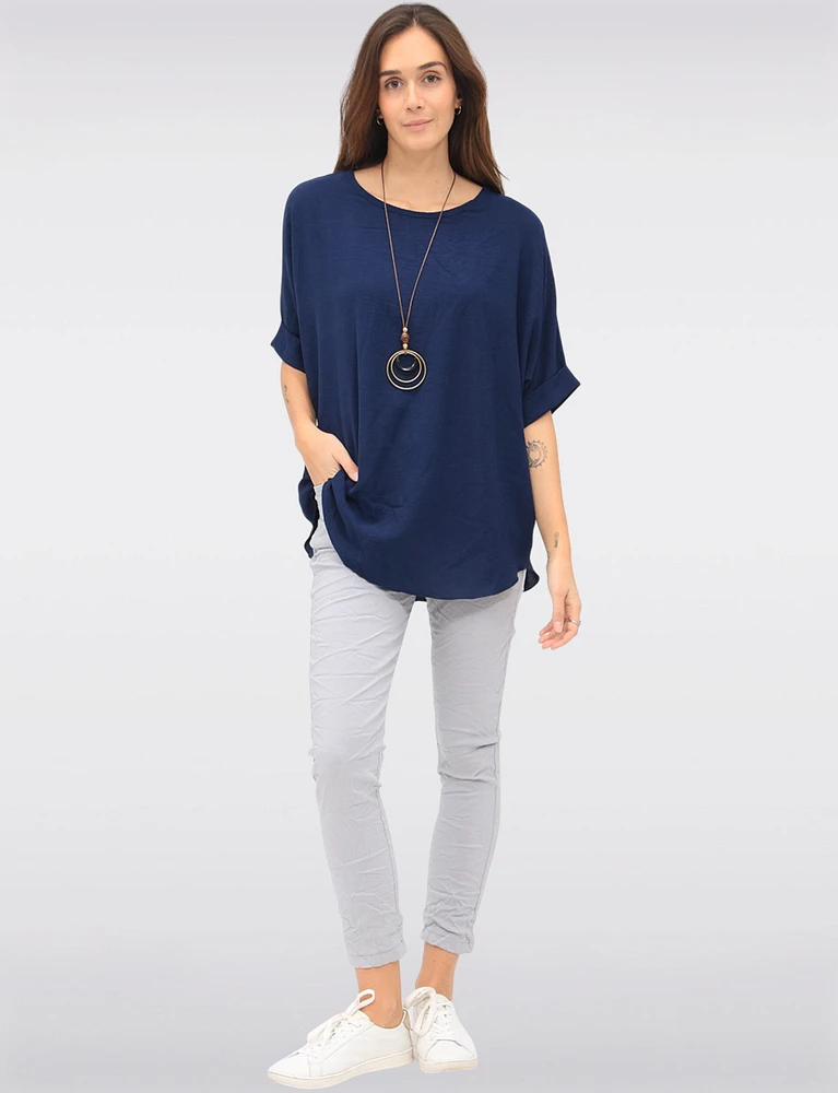 Elegant Solid Short Dolman Sleeve Blouse with Chic Necklace by Froccella