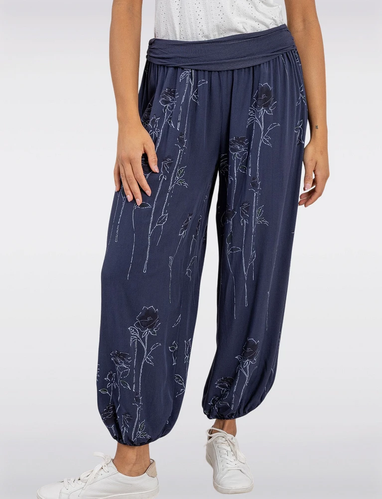 Flowy Ruched Waistband Elastic Hem Floral Print Balloon Pants by Froccella