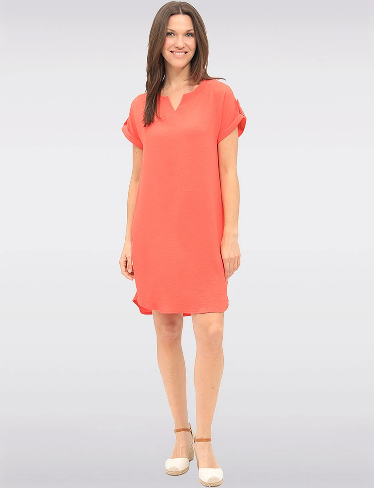 Short Sleeve Rolled Button Cuff Shirt Tail Hem Dress with Split Neck by Devia