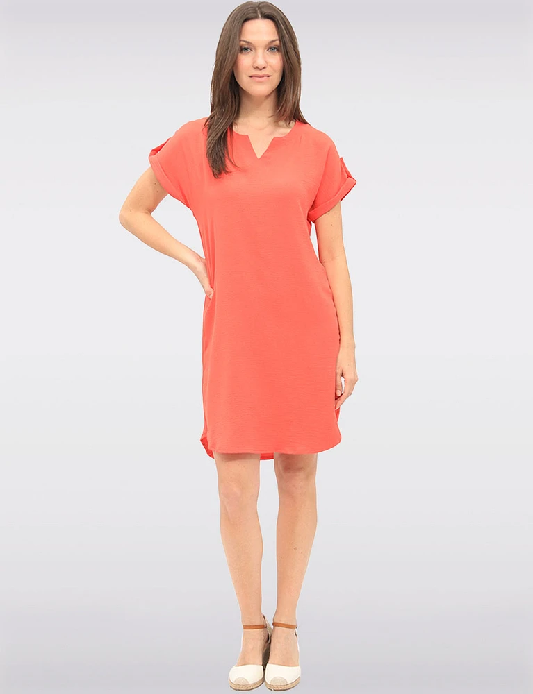 Short Sleeve Rolled Button Cuff Shirt Tail Hem Dress with Split Neck by Devia