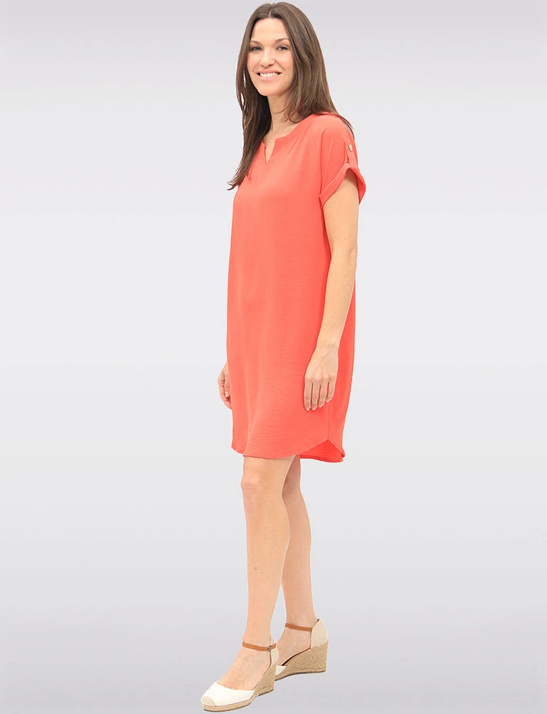 Short Sleeve Rolled Button Cuff Shirt Tail Hem Dress with Split Neck by Devia