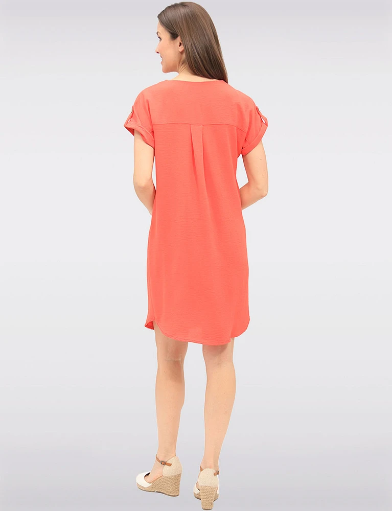 Short Sleeve Rolled Button Cuff Shirt Tail Hem Dress with Split Neck by Devia