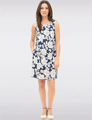 Sleeveless Abstract Floral-Print Linen-Blend Dress with Side Pockets by Devia
