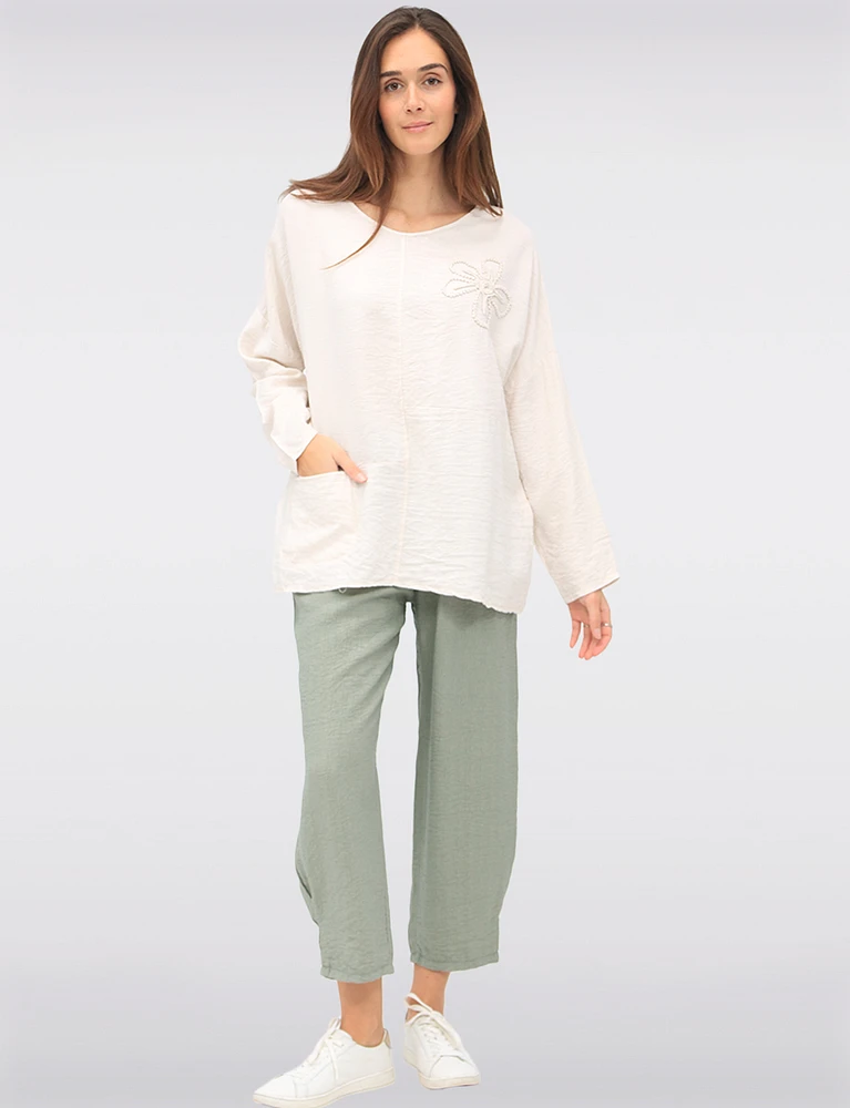 Lightweight Flowy Stretch Pull-On Pants with Floral Appliqué by Froccella