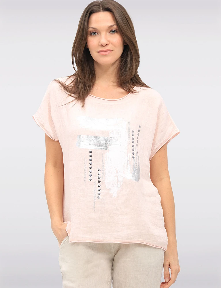 Linen-Cotton Cap Sleeve Top with Rhinestone & Foil Print by Froccella