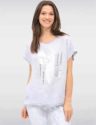 Linen-Cotton Cap Sleeve Top with Rhinestone & Foil Print by Froccella