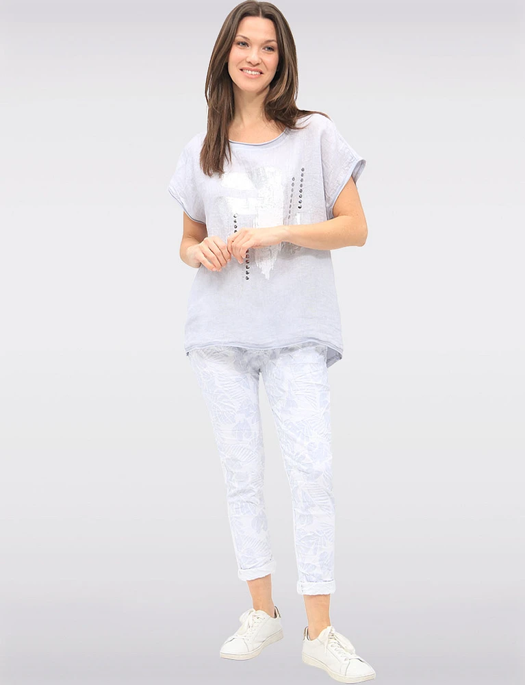Linen-Cotton Cap Sleeve Top with Rhinestone & Foil Print by Froccella