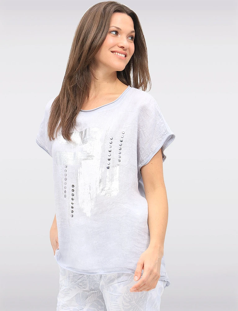 Linen-Cotton Cap Sleeve Top with Rhinestone & Foil Print by Froccella