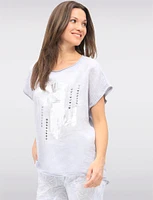 Linen-Cotton Cap Sleeve Top with Rhinestone & Foil Print by Froccella