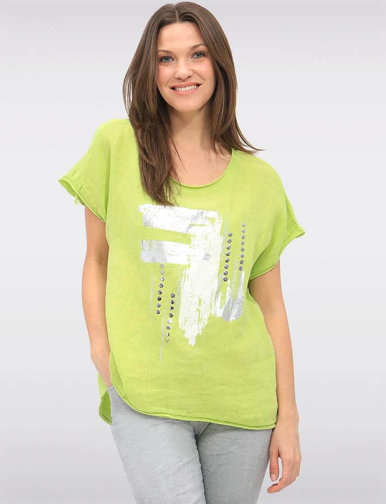 Linen-Cotton Cap Sleeve Top with Rhinestone & Foil Print by Froccella