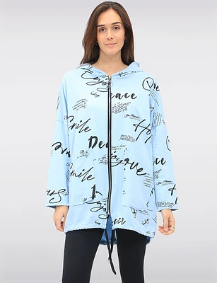 Cotton Blend Zip Hoodie with Graphic Print and Drawstring Hood by Froccella