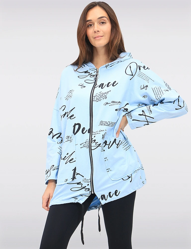 Cotton Blend Zip Hoodie with Graphic Print and Drawstring Hood by Froccella