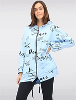 Cotton Blend Zip Hoodie with Graphic Print and Drawstring Hood by Froccella