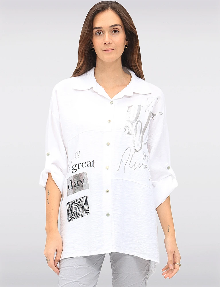 Relaxed Fit Button-Down Shirt with Metallic Graphic Script by Froccella