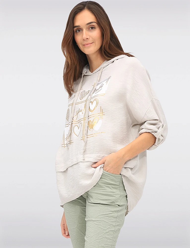 Chic High-Low Hoodie with Golden Metallic Heart Design by Froccella
