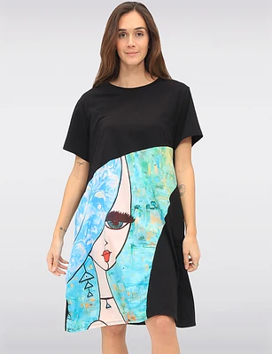 Abstract Face Print Round Neck Short Sleeve Cotton T-Shirt Dress by Froccella
