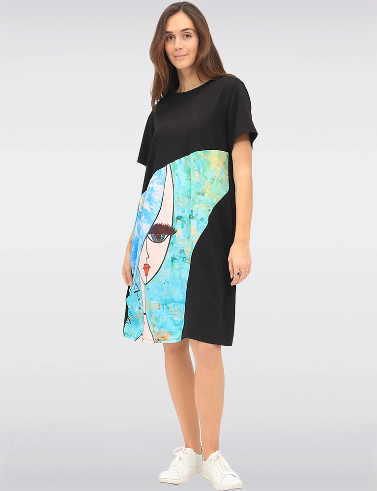 Abstract Face Print Round Neck Short Sleeve Cotton T-Shirt Dress by Froccella