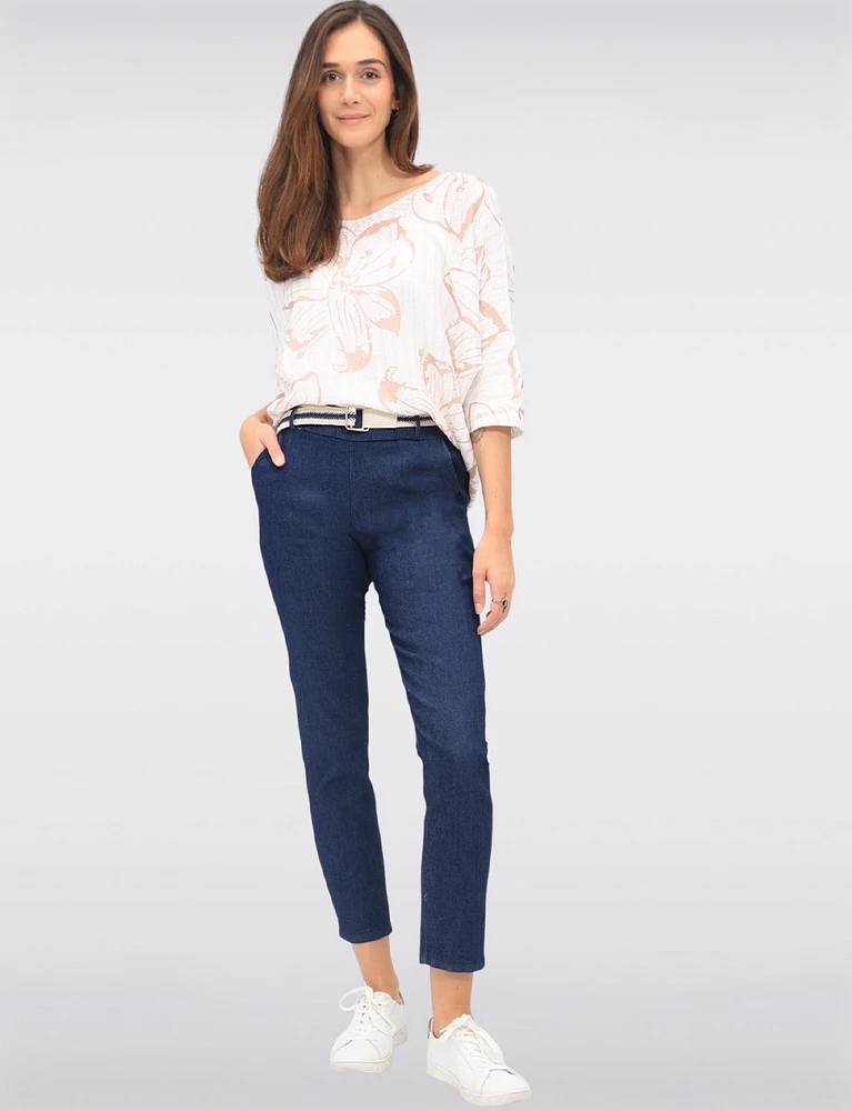 Floral Stripe Print 3/4 Dolman Sleeve Round-Neck Knit Top by Froccella