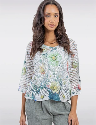 Elegant Crochet Floral 3/4 Dolman Sleeve Top with Scoop Neckline by Froccella