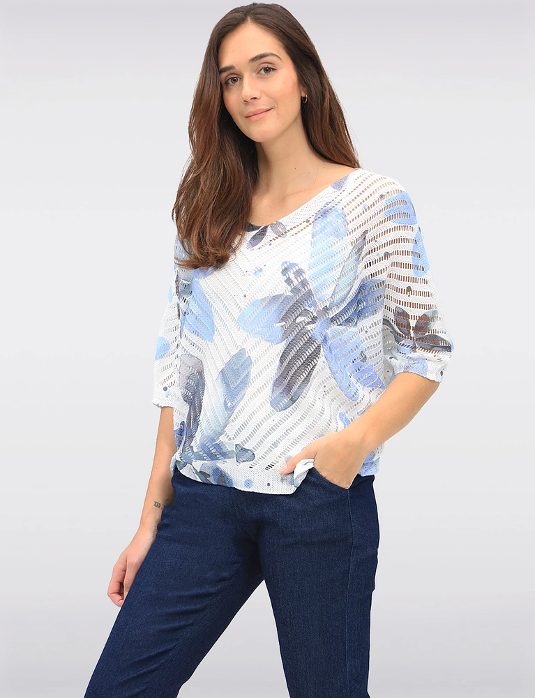 Chic Crochet Floral 3/4 Dolman Sleeve Top with Scoop Neckline by Froccella