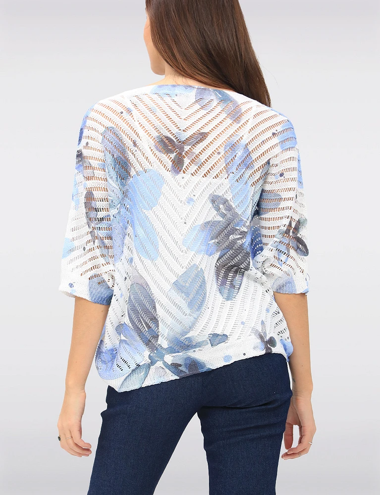 Chic Crochet Floral 3/4 Dolman Sleeve Top with Scoop Neckline by Froccella