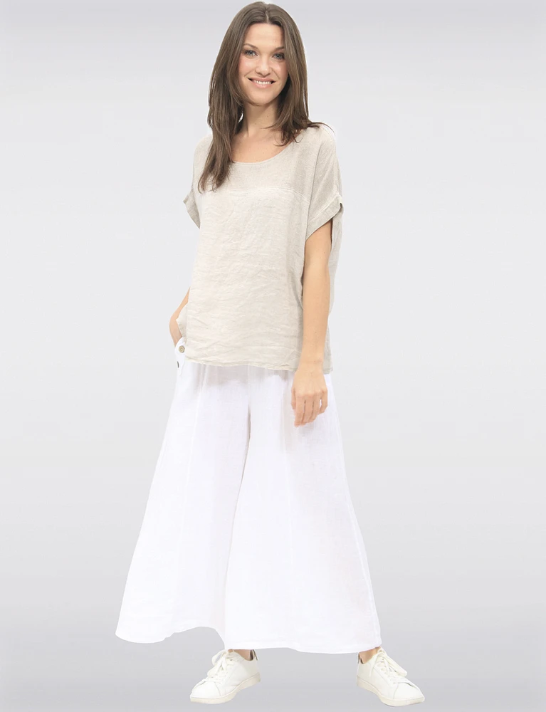Chic Drop-Shoulder Cap Sleeve Linen Top with Folded Cuff Detail by Froccella