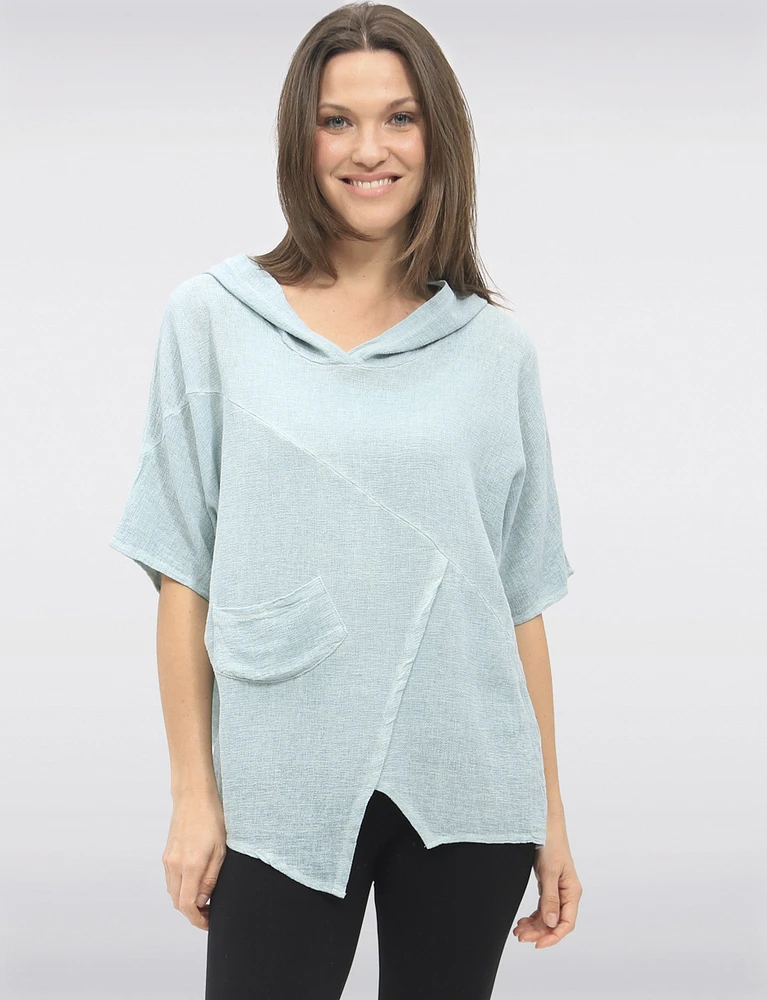 Hooded Cotton-Linen Front Pocket Asymmetrical Top By Froccella