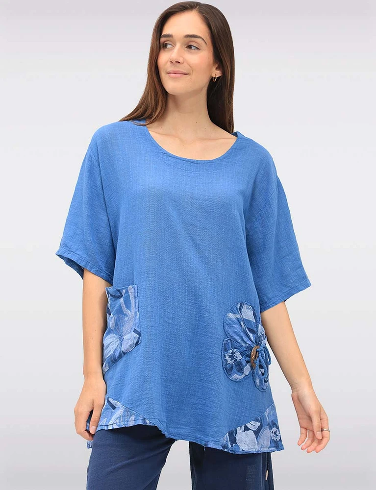 Linen-Cotton Floral Accent Tunic with Buttons and Short Sleeves by Froccella