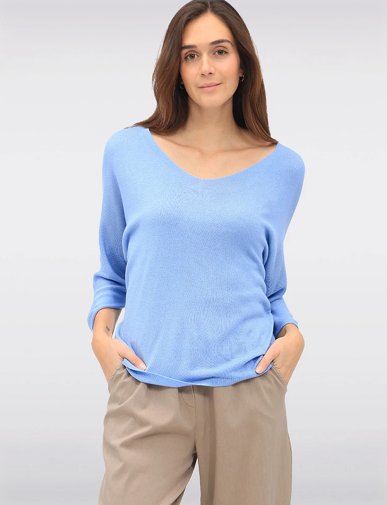 Elegant V-Neck 3/4 Dolman Sleeve Soft Knit Top by Froccella