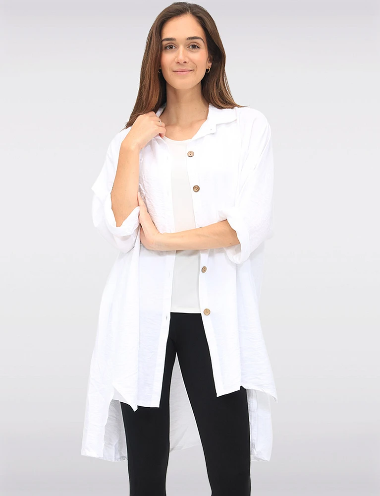 Button-Down 3/4 Sleeves Shirt with Floral Applique & Side Slits by Froccella
