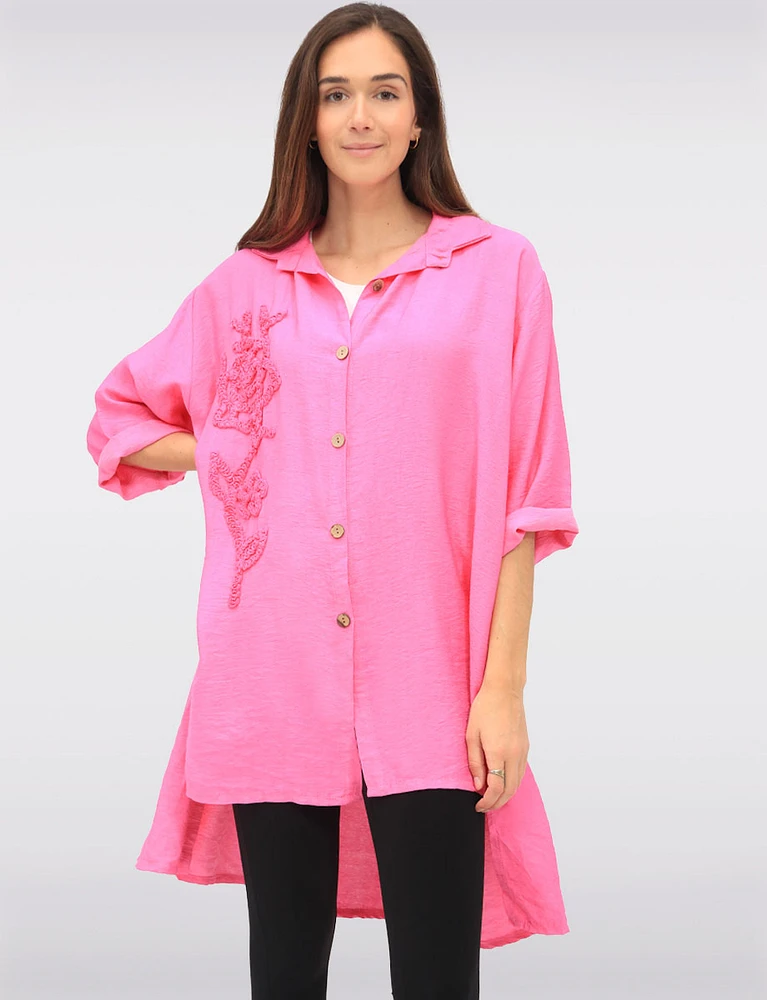 Button-Down 3/4 Sleeves Shirt with Floral Applique & Side Slits by Froccella