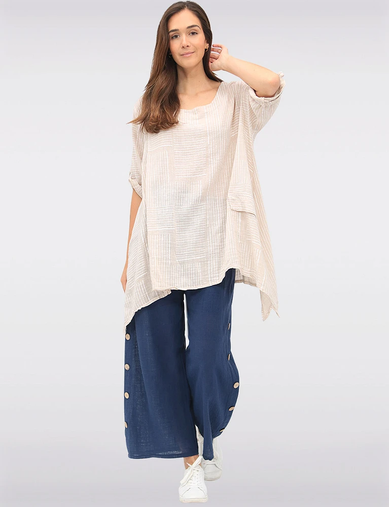 Cotton-Linen Lined Wide-Leg Pants with Button Accents and Pockets by Froccella
