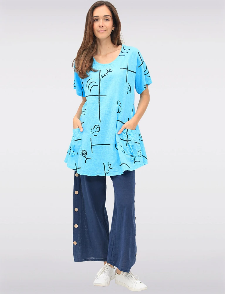 Loose-Fit Linen-Blend Abstract Print Tunic with Gathered Pockets by Froccella