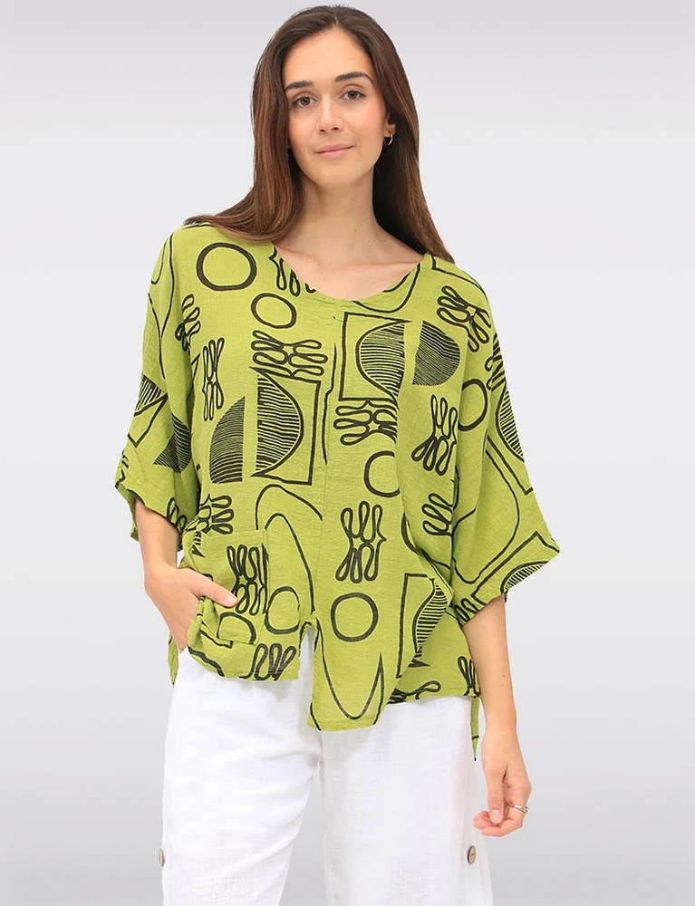 Linen-Blend Abstract Print Asymmetrical Tunic with Slits & Pocket by Froccella