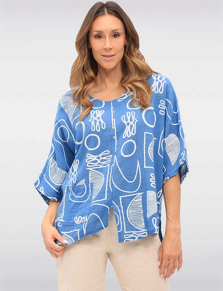 Linen-Blend Abstract Print Asymmetrical Tunic with Slits & Pocket by Froccella