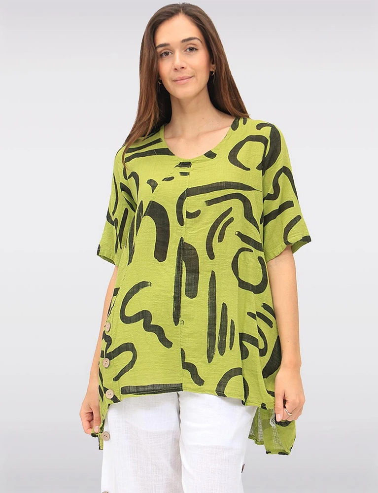 Linen Blend Abstract Print Tunic with Front Button Detail & Pockets by Froccella