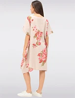 Loose-Fit Rose Print Linen Dress with Patch Pockets & Short Sleeves by Froccella