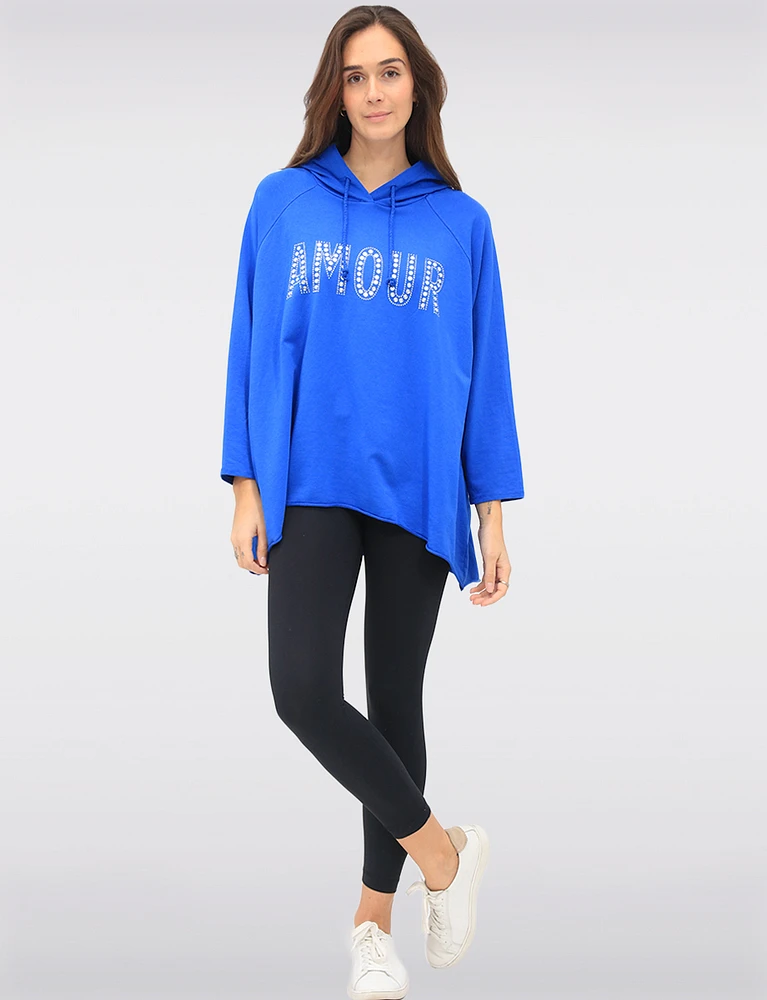 Relaxed Fit Cotton Hooded Top with Amour Rhinestones & High Low Hem by Froccella