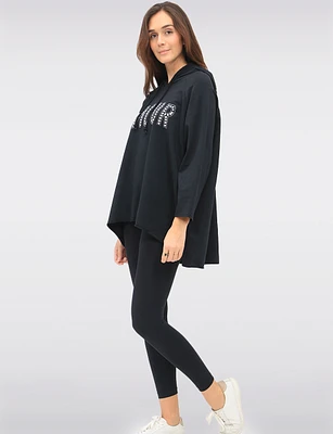 Relaxed Fit Cotton Hooded Top with Amour Rhinestones & High Low Hem by Froccella