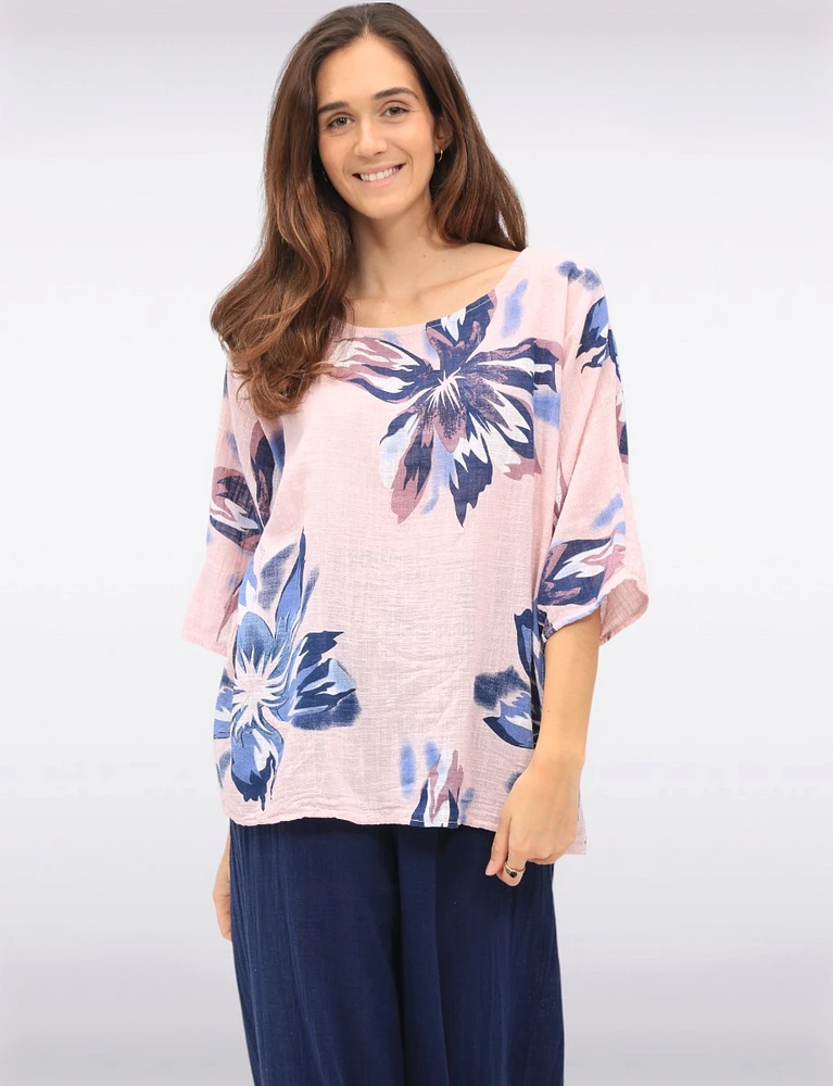 Lightweight Floral Print Cotton Short Sleeve Loose Fit Top by Froccella