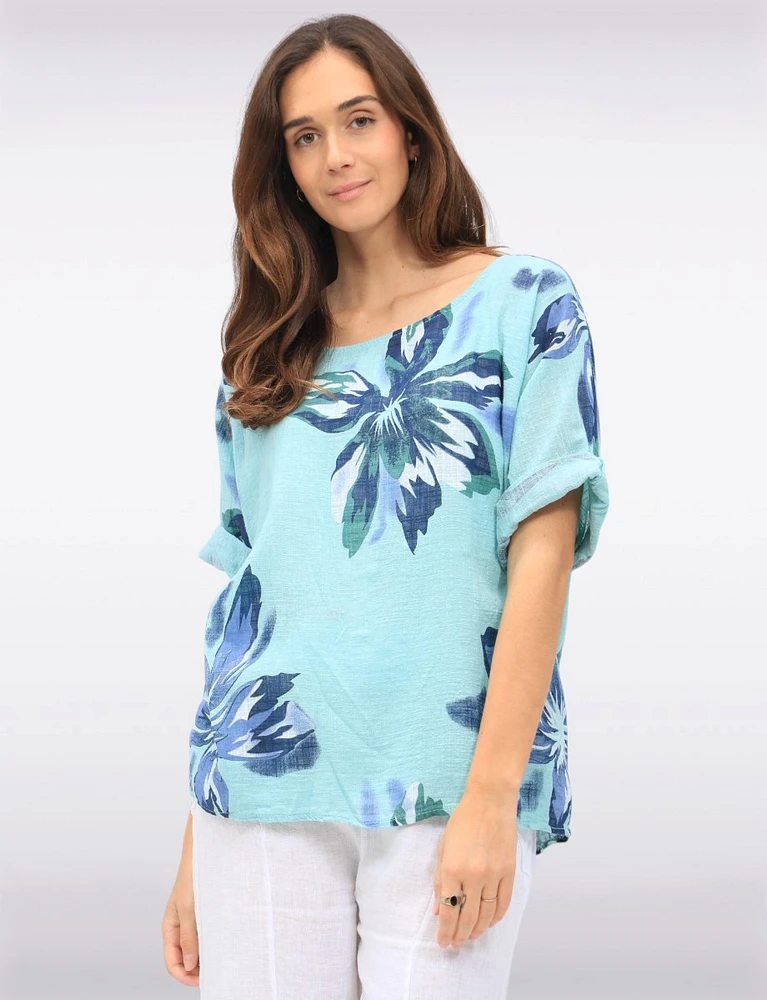 Lightweight Floral Print Cotton Short Sleeve Loose Fit Top by Froccella