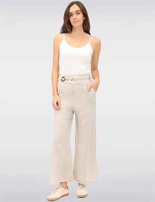 Solid Wide-Leg Relaxed Fit Linen Pants with Boho-Chic Beaded Belt by Froccella