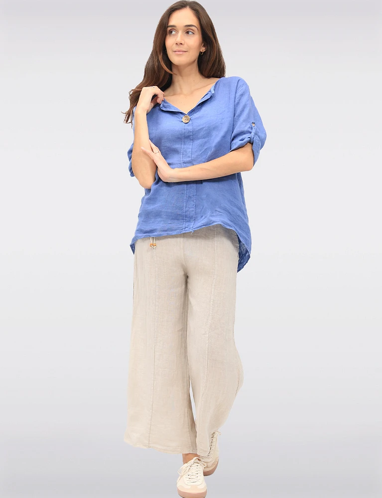 Solid Linen Relaxed Fit 3/4 Sleeve Top with Front Button Detail by Froccella