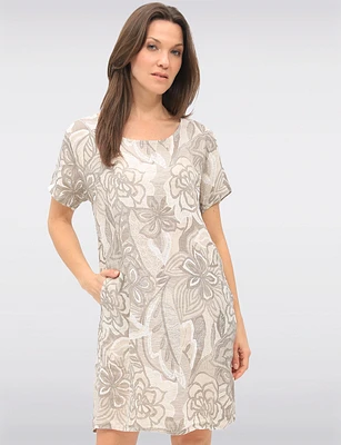 Elegant Beige Floral Linen Dress with Back Knit Details & Pockets by Froccella