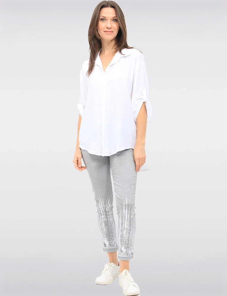Solid Chic Button-Up Collared High-Low Design 3/4 Sleeves Shirt by Froccella