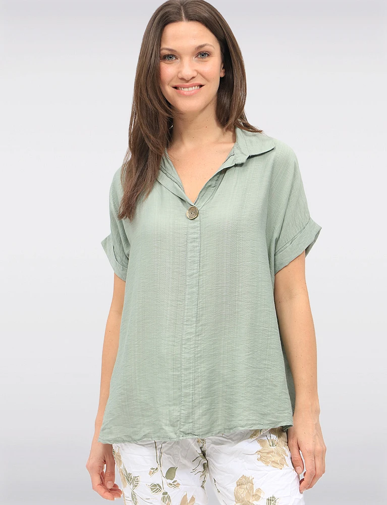 Relaxed Fit Cap Sleeve Shirt Collar Top with Front Button Detail by Froccella
