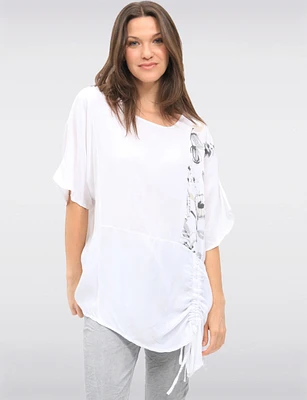 Short Sleeve Asymmetrical Ruffled Drawstring & Side Print Tunic by Froccella