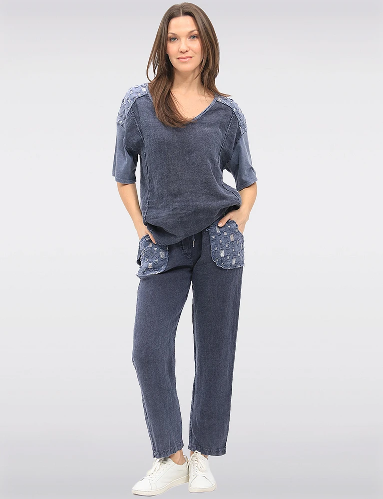 Lightweight Linen Pants with Sequin Pockets & Drawstring Waistband by Froccella