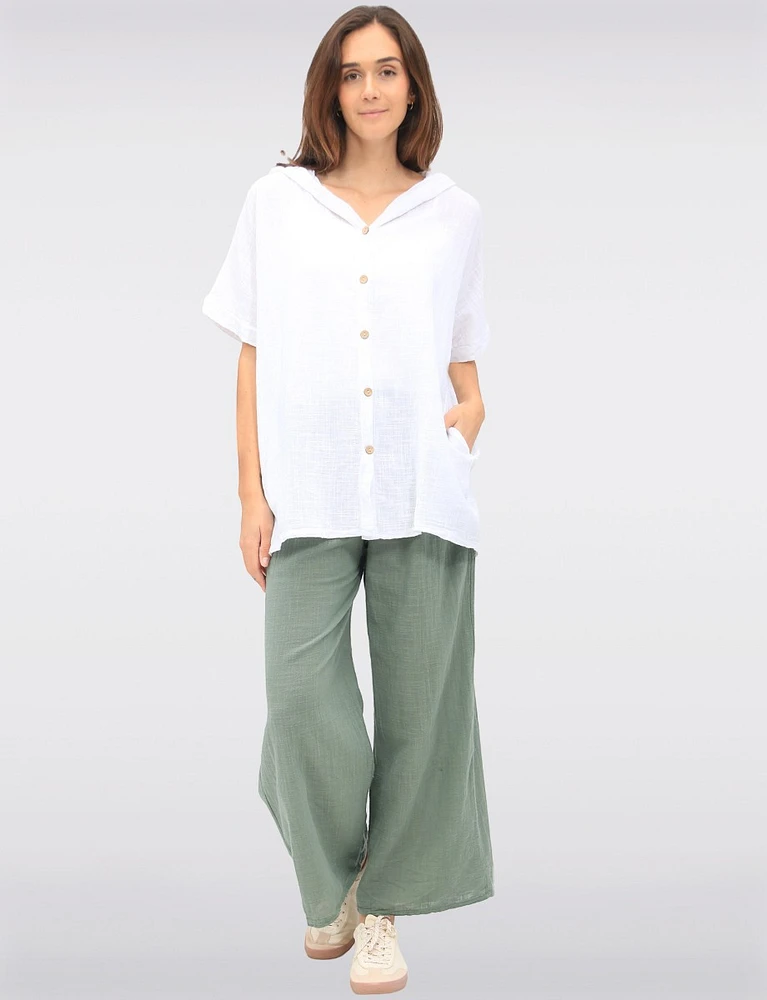 Cotton Short Sleeve Button-Front Hooded Shirt with Side Pockets by Froccella