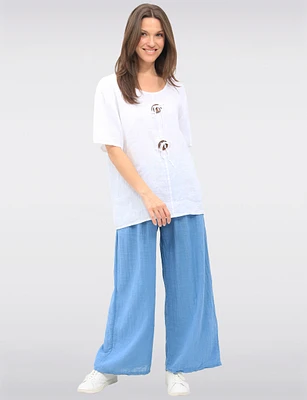 Solid Cotton Pull-On Wide-Leg Pants with Elastic Waist & Pockets by Froccella